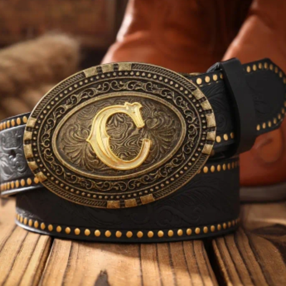 Western Tooled Belt w/ Gold Monogram Buckle | Cowboy Several Letters Available - Picture 6 of 16